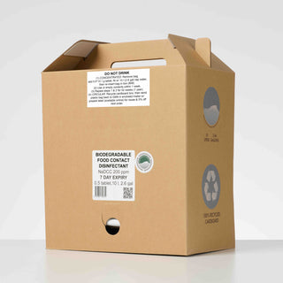 Replacement cardboard boxes for refillable food contact concentration disinfectant bags